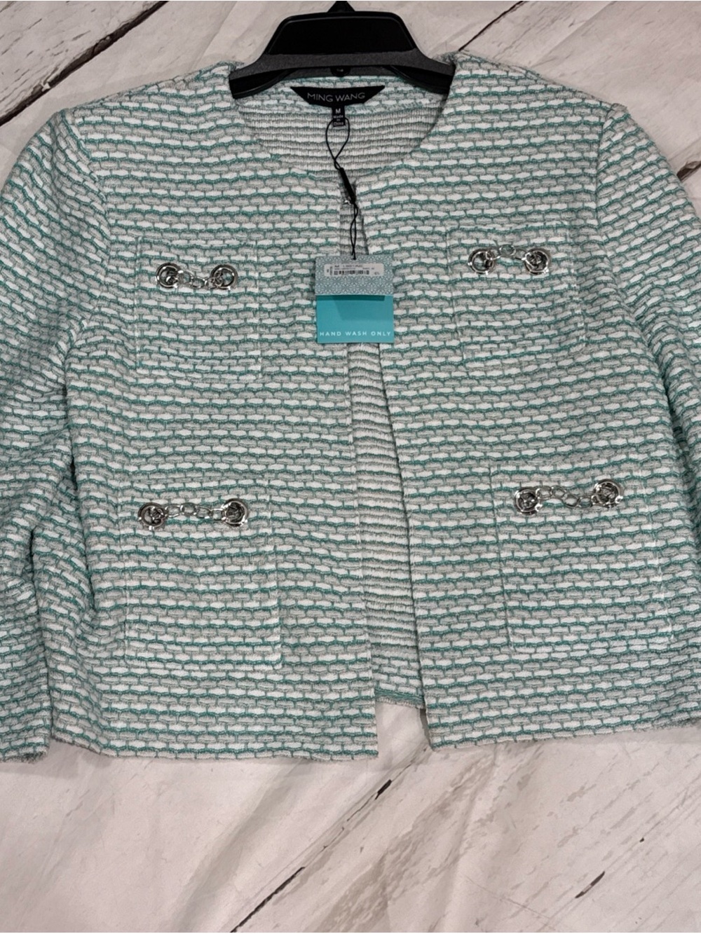 MING WANG NWT Green White Tweed Knit Jacket Blazer Silver Hardware Pockets M